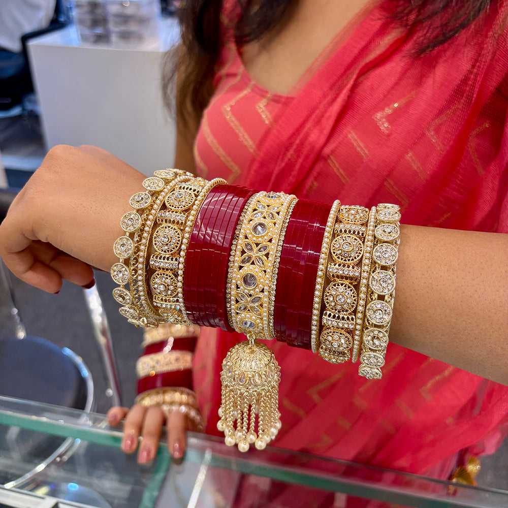 Wedding Chuda Gold Plated Austrian Stone And Pearl Acrylic Bangles Set