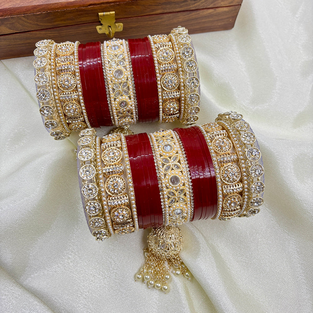 Wedding Chuda Gold Plated Austrian Stone And Pearl Acrylic Bangles Set
