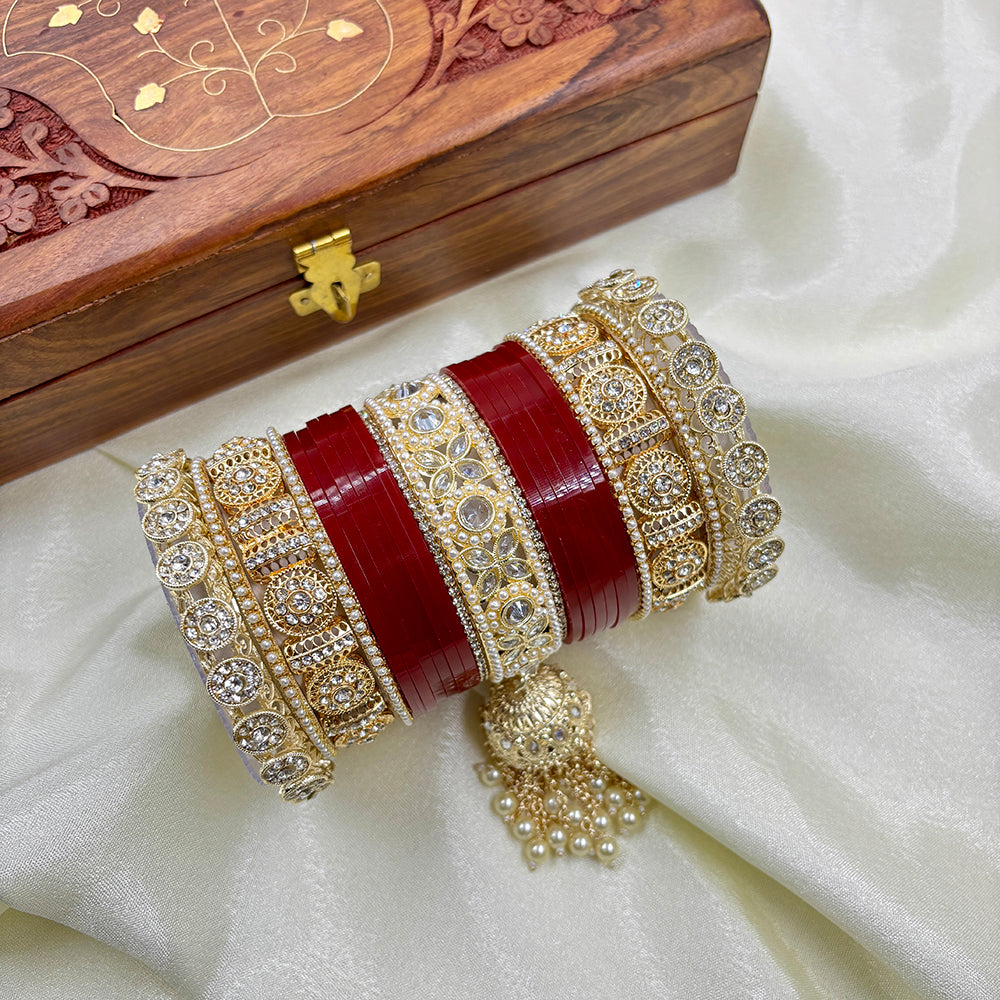 Wedding Chuda Gold Plated Austrian Stone And Pearl Acrylic Bangles Set