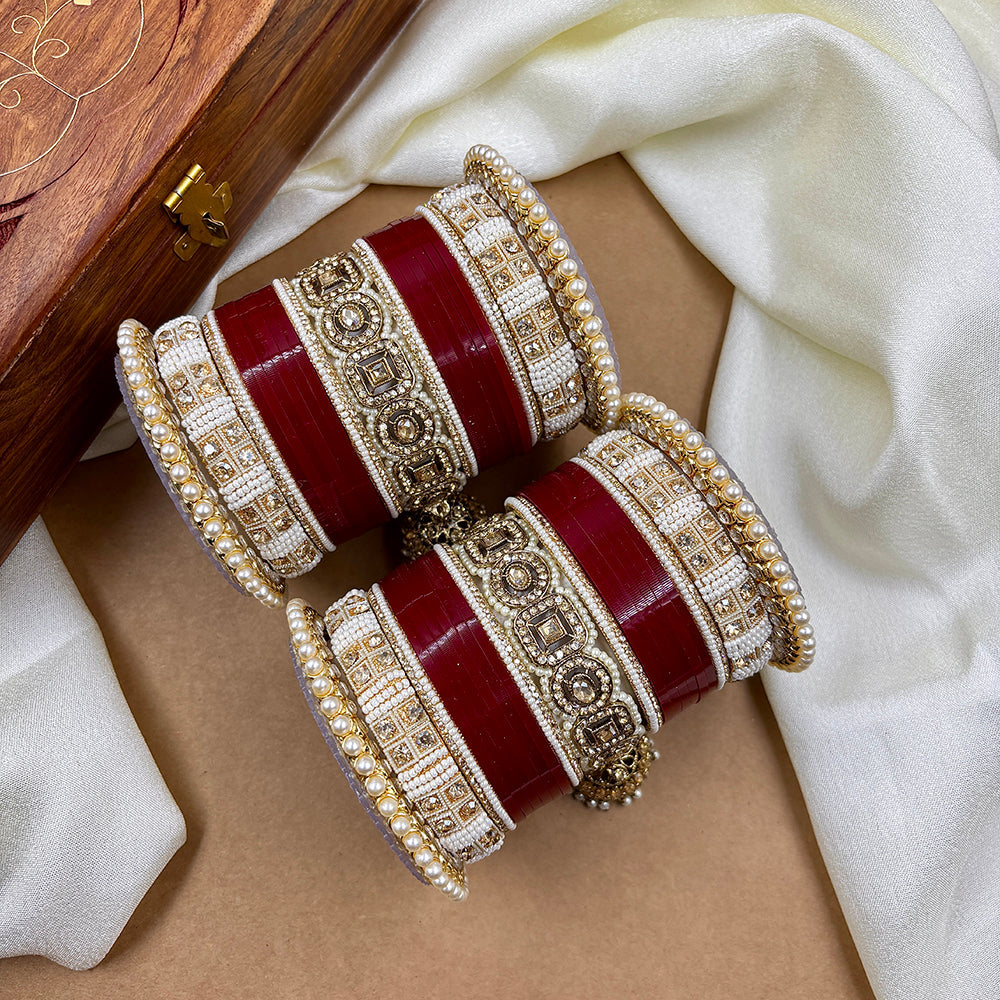 Wedding Chuda Gold Plated Austrian Stone And Pearl Acrylic Bangles Set