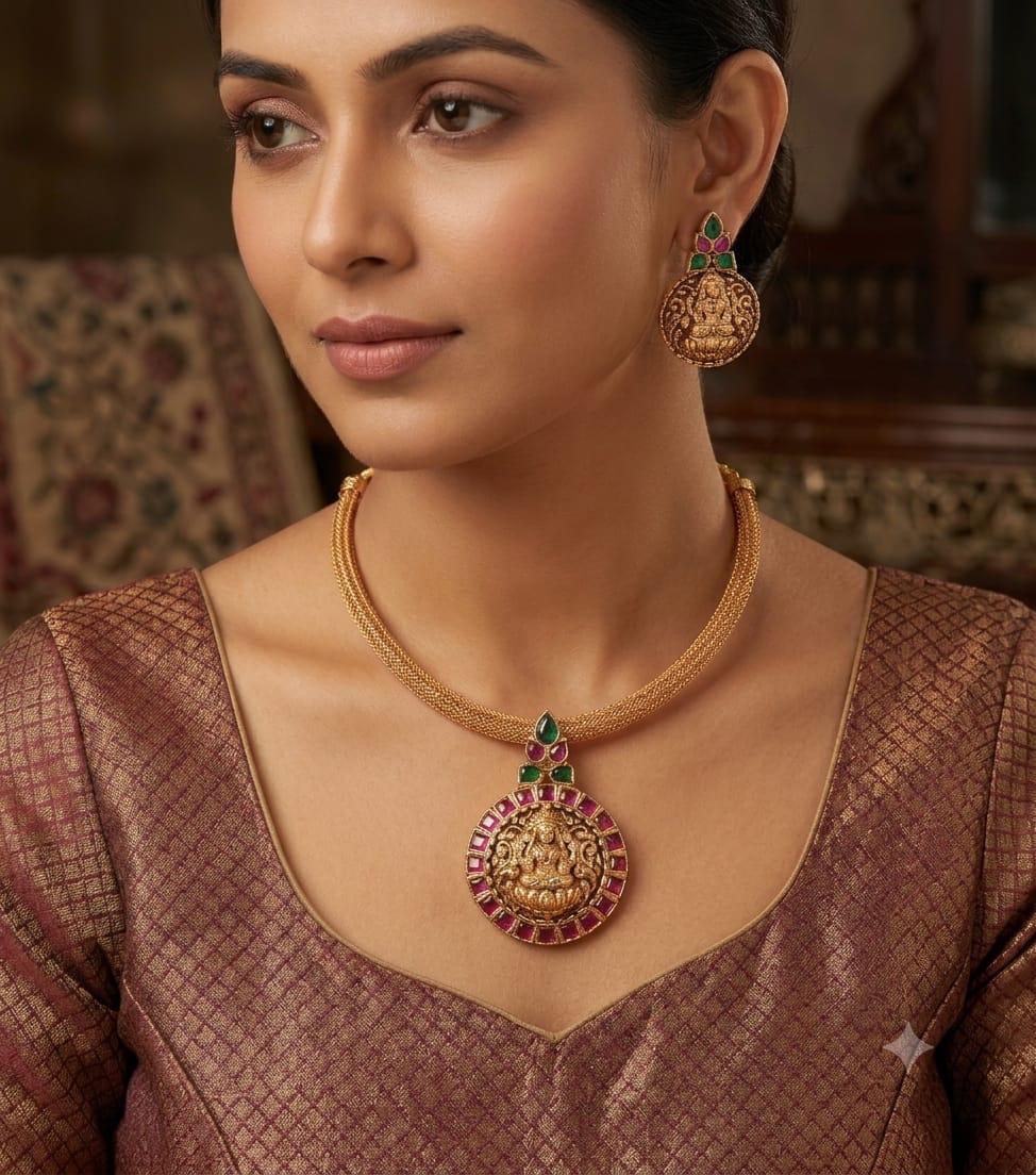 LAFZ Antique Gold Goddess Laxmi Medallion Choker Necklace Set with Matching Earrings - TM608