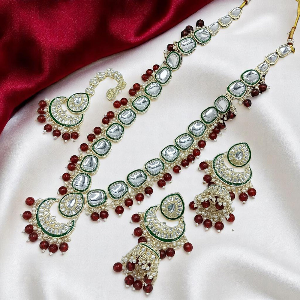 Gehana Mahal Gold Plated Kundan Stone And Beads Necklace Set
