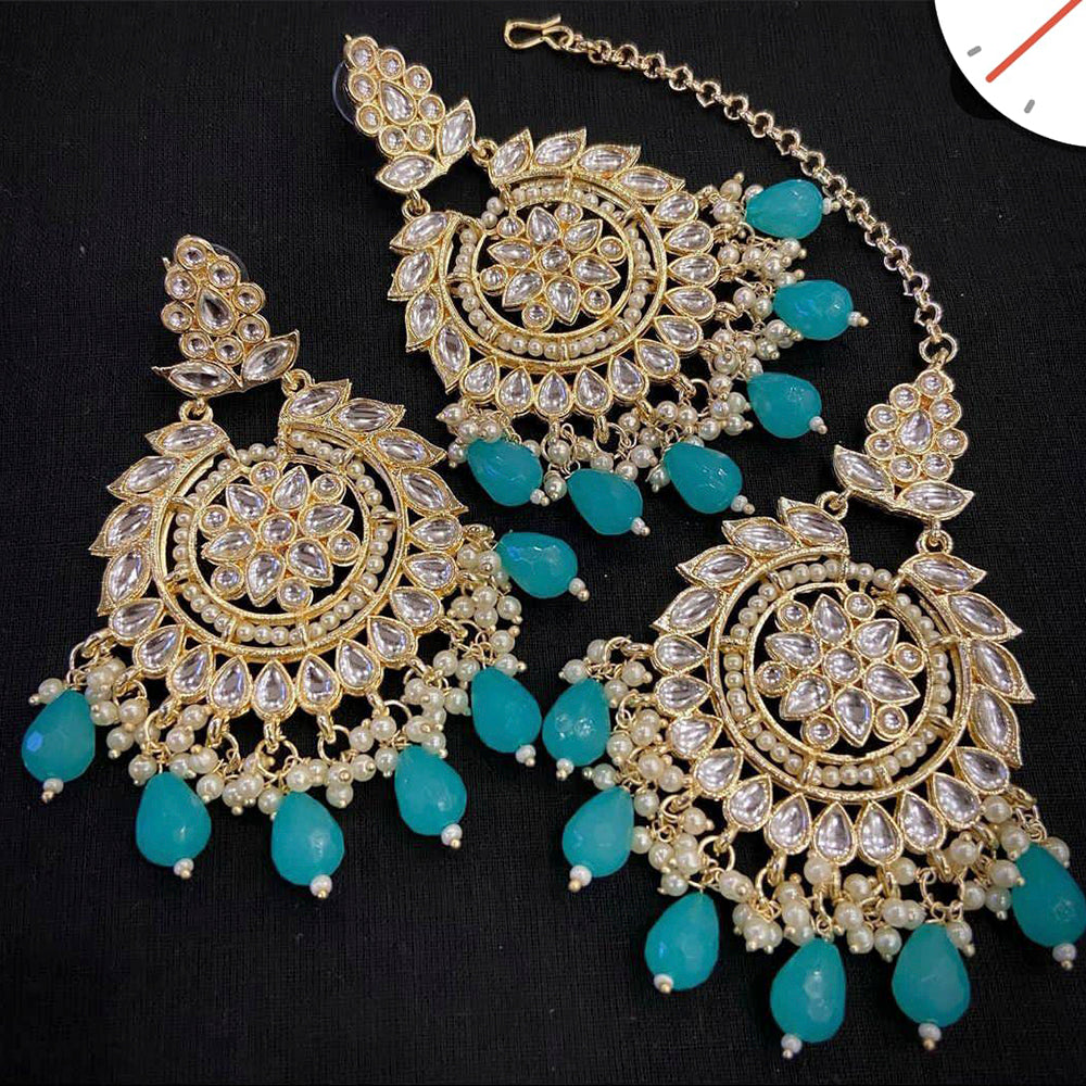 Manisha Jewellery Gold Plated Kundan Stone And Beads Earrings With Maangtikka