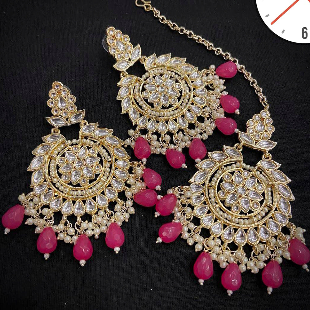 Manisha Jewellery Gold Plated Kundan Stone And Beads Earrings With Maangtikka
