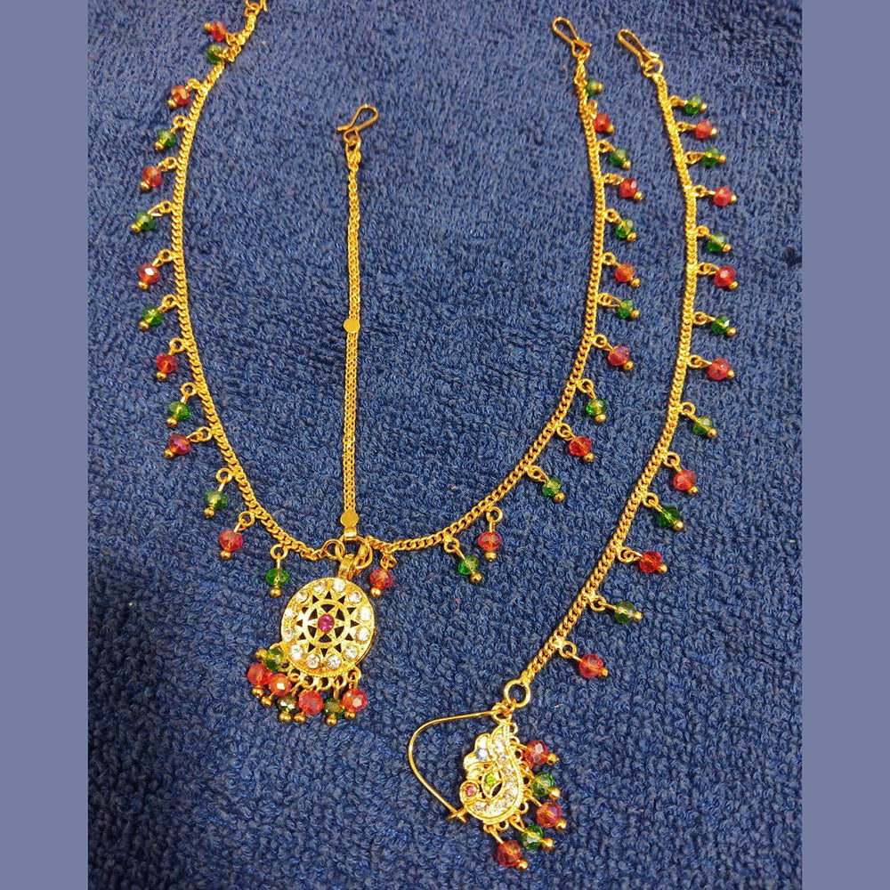 H K Fashion Gold Plated Maangtikka & Nose Ring