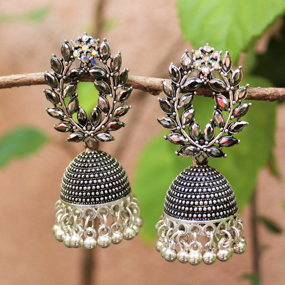 H K Fashion Oxidised Plated Crystal Stone Jhumki Earrings