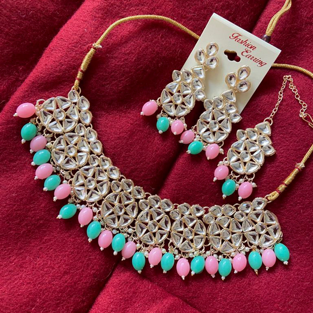 India Art Gold Plated Kundan Stone & Beads Choker Necklace Set