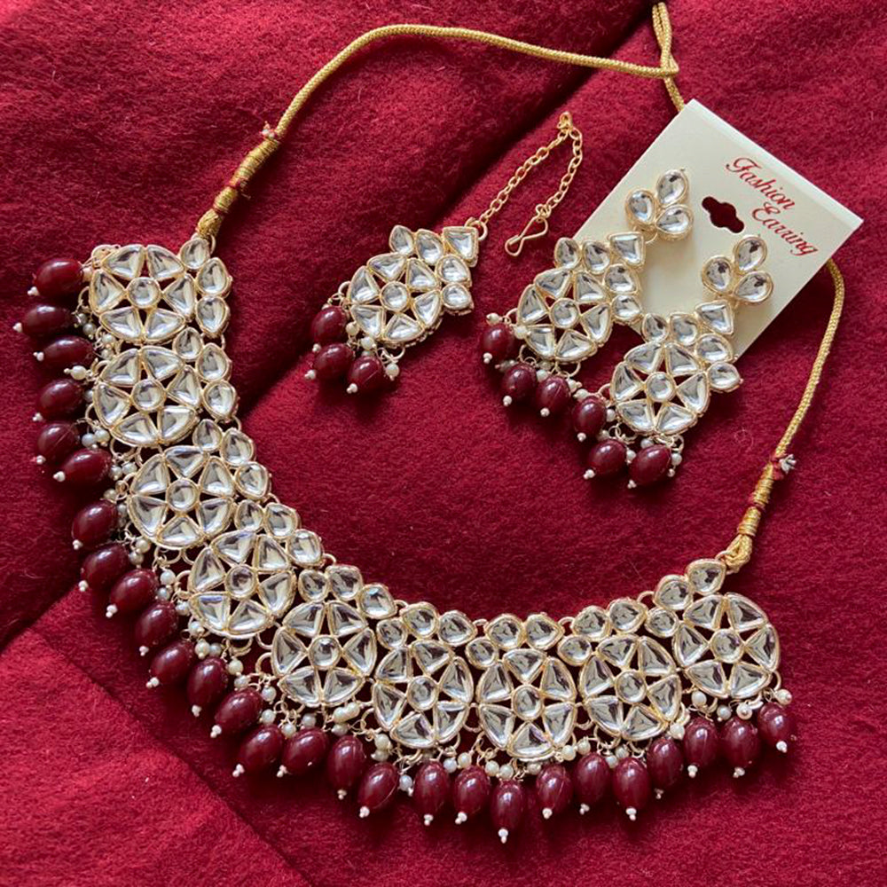 India Art Gold Plated Kundan Stone & Beads Choker Necklace Set