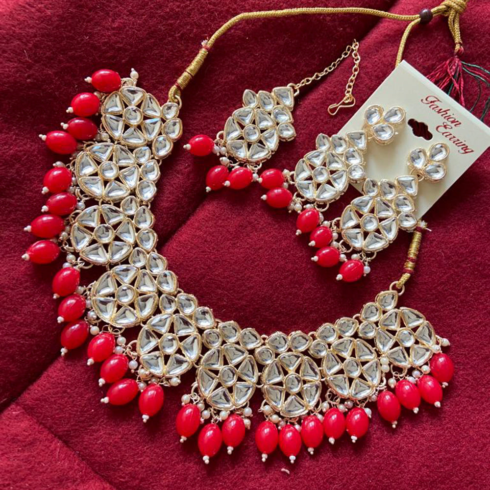 India Art Gold Plated Kundan Stone & Beads Choker Necklace Set