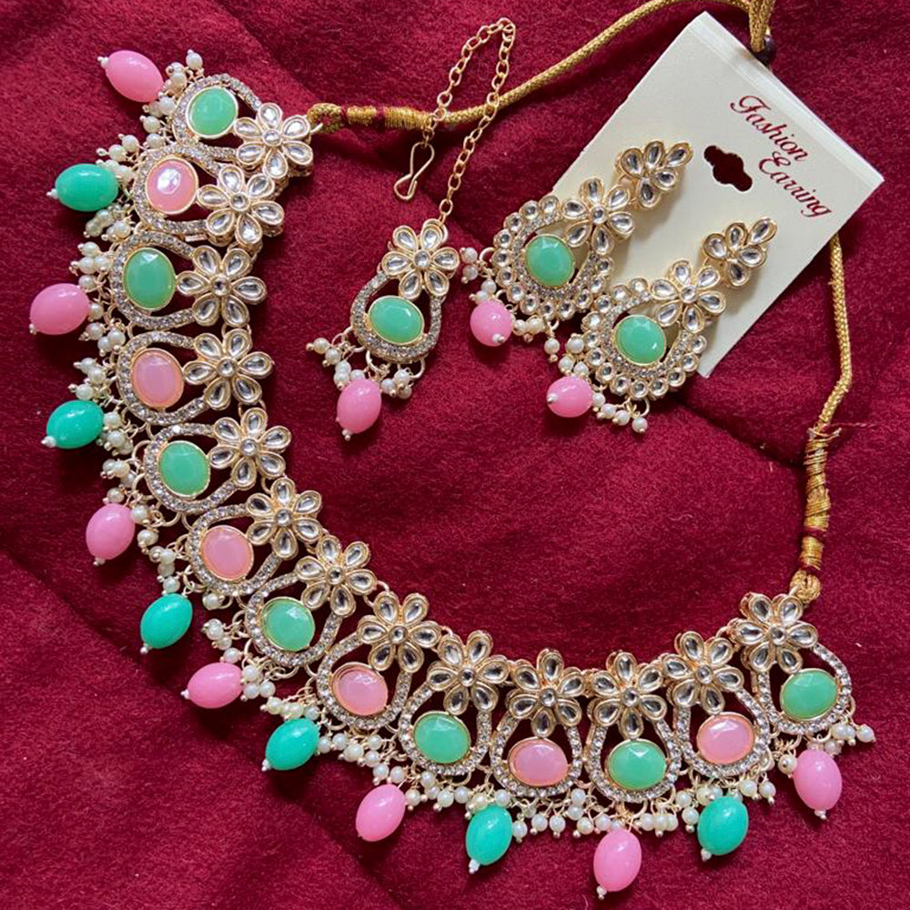 India Art Gold Plated Kundan Stone & Beads Choker Necklace Set