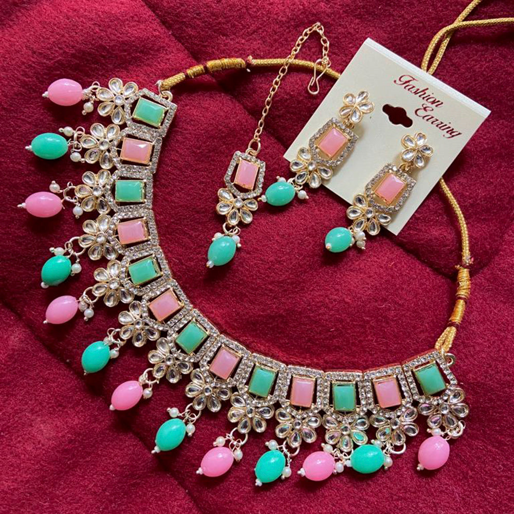 India Art Gold Plated Kundan Stone & Beads Choker Necklace Set