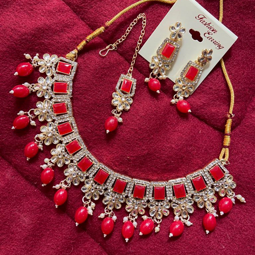 India Art Gold Plated Kundan Stone & Beads Choker Necklace Set