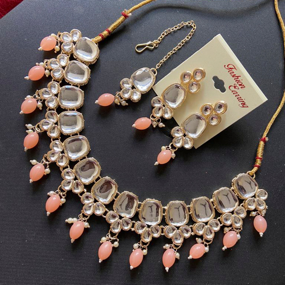 India Art Gold Plated Crystal Stone & Beads Choker Necklace Set
