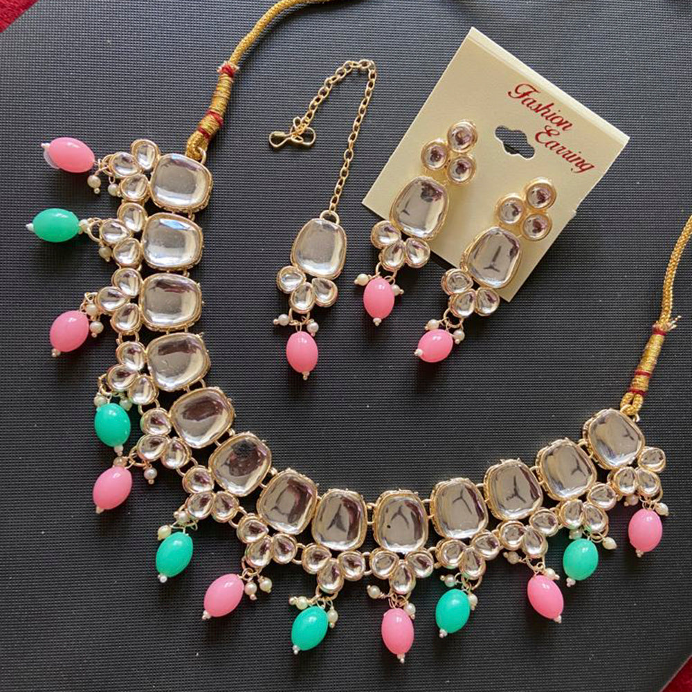 India Art Gold Plated Crystal Stone & Beads Choker Necklace Set