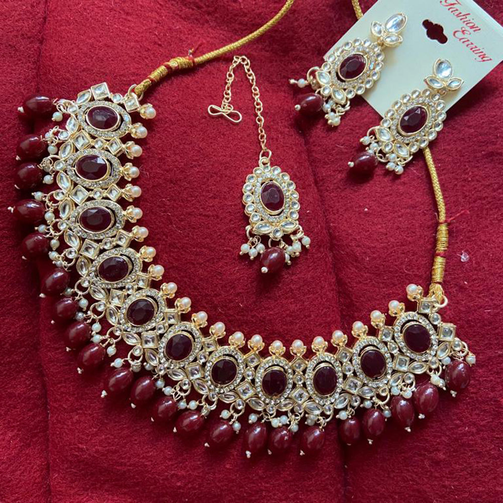India Art Gold Plated Crystal Stone & Beads Necklace Set