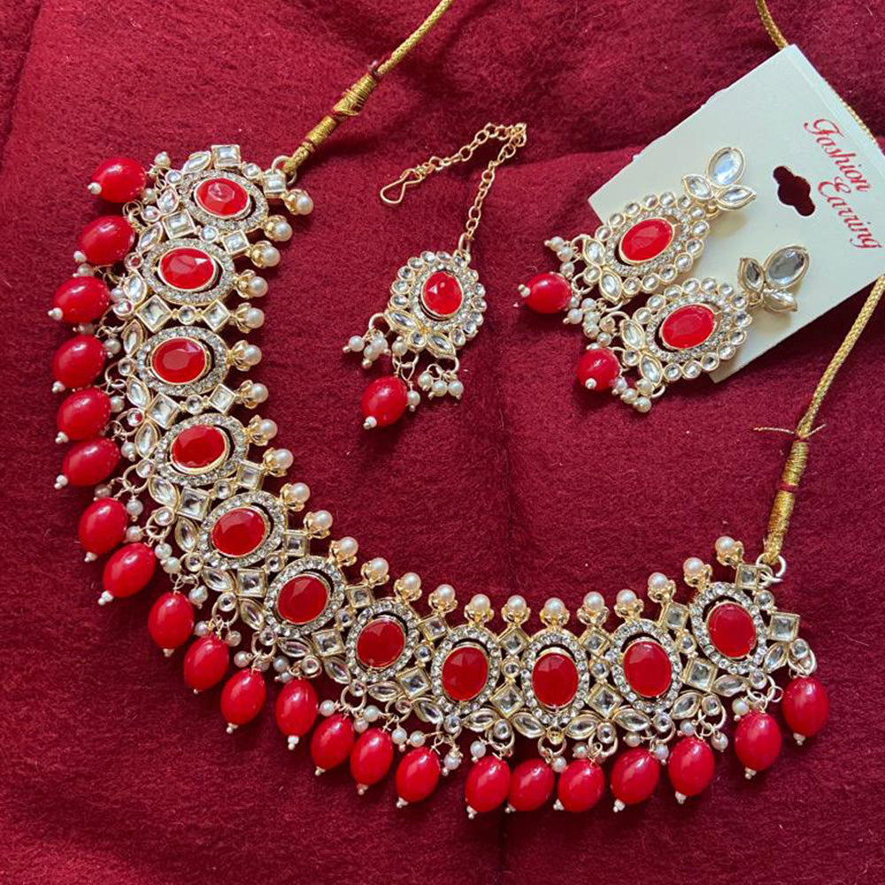 India Art Gold Plated Crystal Stone & Beads Necklace Set