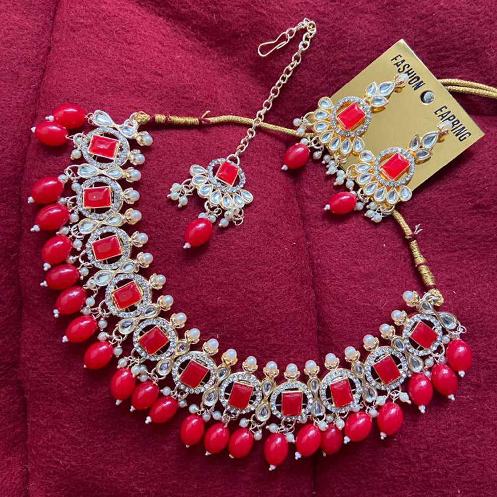 India Art Gold Plated Crystal Stone & Beads Necklace Set