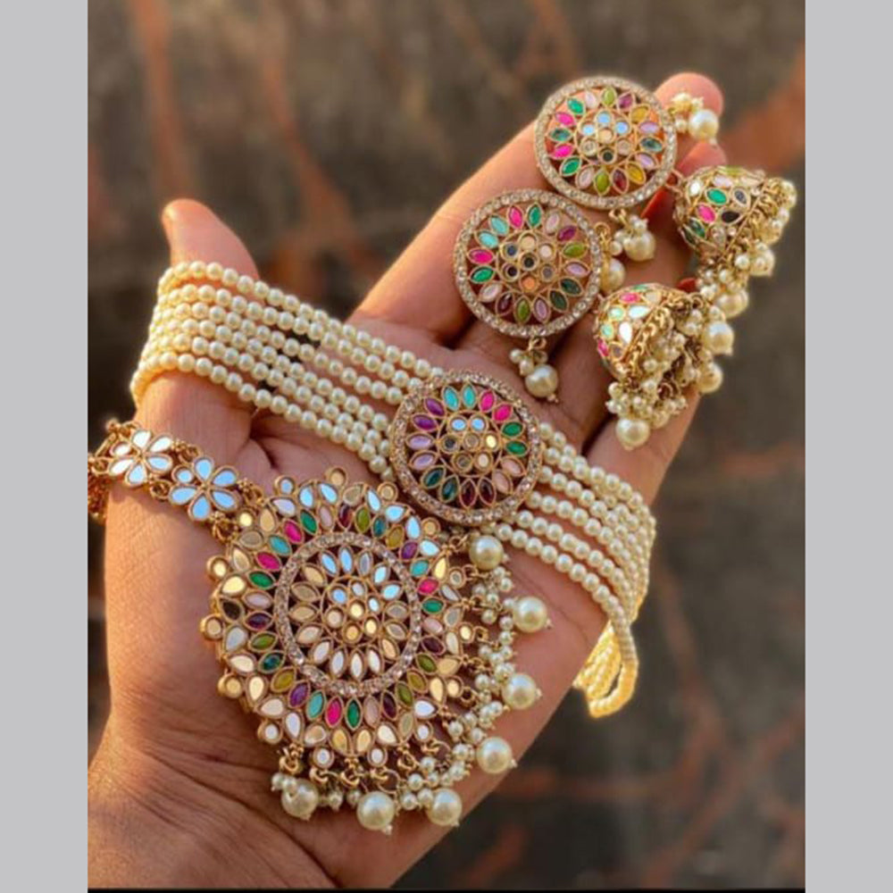 India Art Gold Plated Mirror & Beads Choker Necklace Set