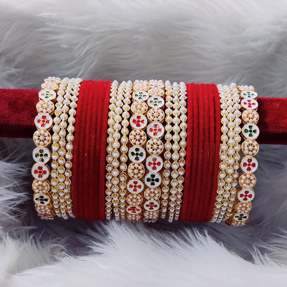 Pooja Bangles Meenakari And Pearl Velvet Bangles Set