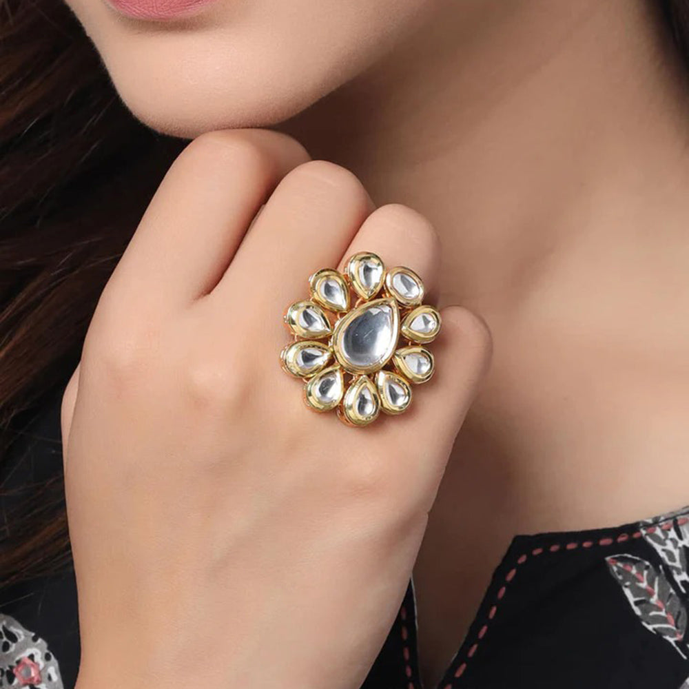 Heera Jewellers Gold Plated Kundan Stone Adjustable Ring