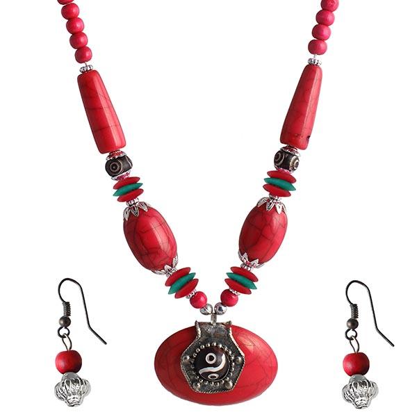 Beadside Red Beads Rhodium Plated Necklace Set - 1105905D