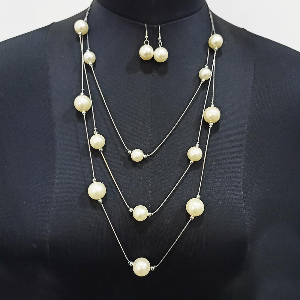 Urthn Black Plated Multi Layer Pearl Statement Necklace Set - 1107068