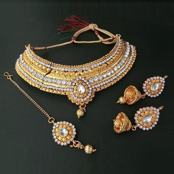 Amina Creation Antique Gold Choker Necklace Set With Maang Tikka - 1107902A