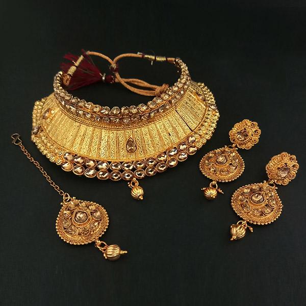 Amina Creation Gold Plated Austrian Stone Necklace Set With Maang Tikka
