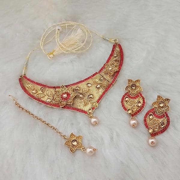 Amina Creation Red Stone Gold Plated Necklace With Maang Tikka - 1107969