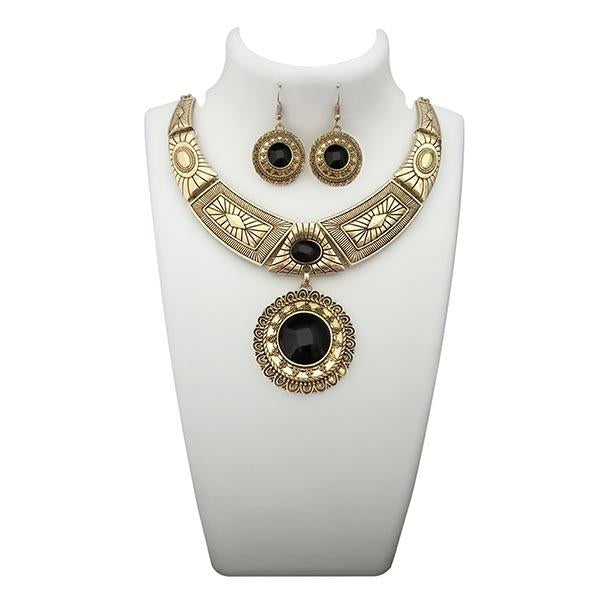 Urthn Black Turquoise Stone Antique Gold Plated Statement Necklace - 1110059B