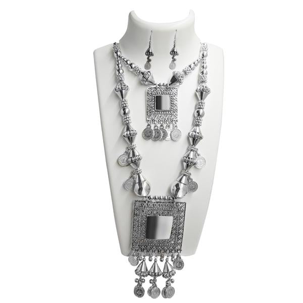 Jeweljunk Rhodium Plated Long Necklace Set - 1110802