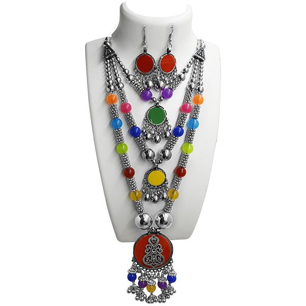 Jeweljunk Rhodium Plated Navratri Special 3 Layer Necklace Set - 1110910