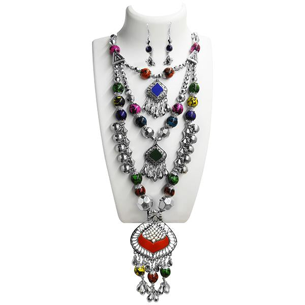 Jeweljunk Navratri Special Rhodium Plated 3 Layer Necklace Set - 1110914