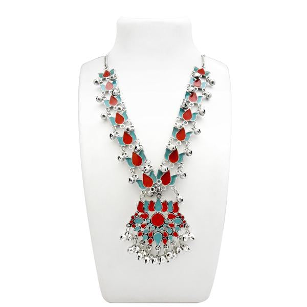 Urthn Red & Blue Meenakari Rhodium Plated Lotus Design Necklace - 1110981A