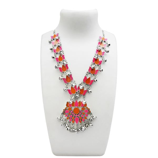 Urthn Pink & Orange Meenakari Rhodium Plated Lotus Design Necklace - 1110981B