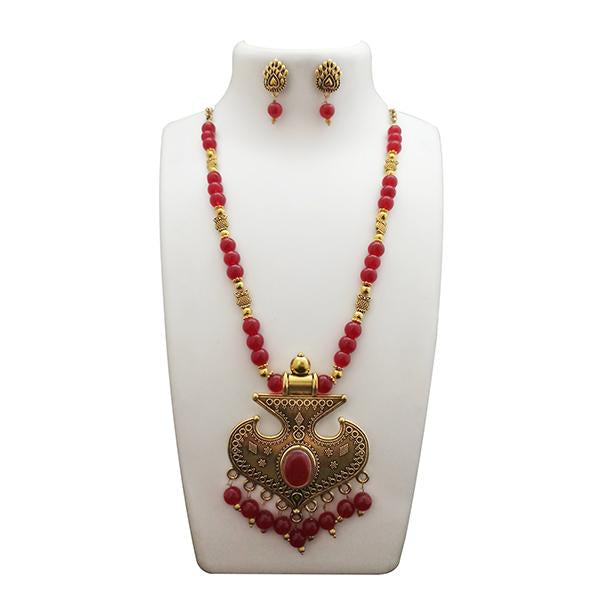 Urthn Antique Gold Plated Maroon Beads Necklace Set - 1110984