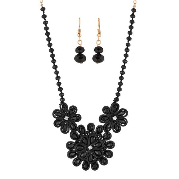 Urthn Black Crystal Beads Floral Statement Necklace Set - 1111232B