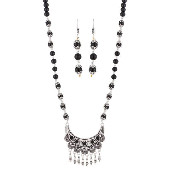 Urthn Black Beads Rhodium Plated Necklace Set - 1111312D