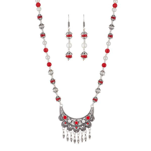 Urthn Rhodium Plated Maroon Beads Necklace Set - 1111312E