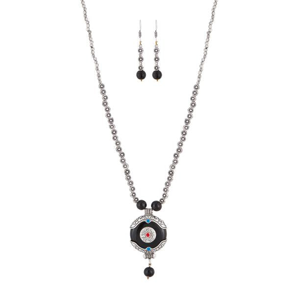 Urthn Rhodium Plated Black Gems Stone Necklace Set - 1111315E