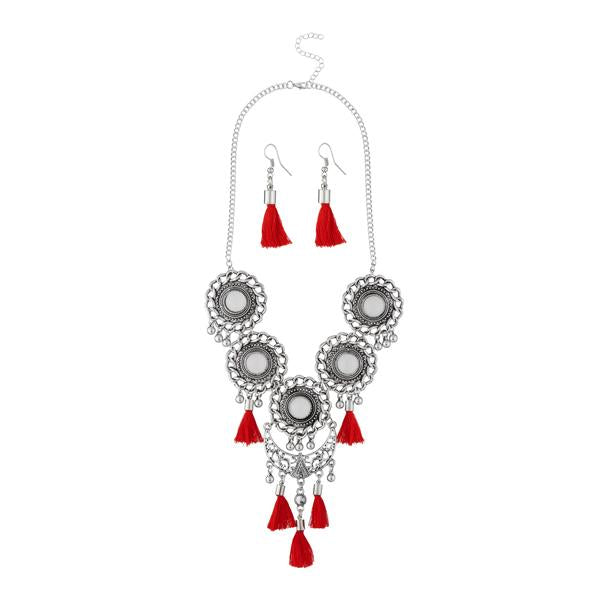 Jeweljunk Maroon Thread Rhodium Plated Necklace Set - 1111704A