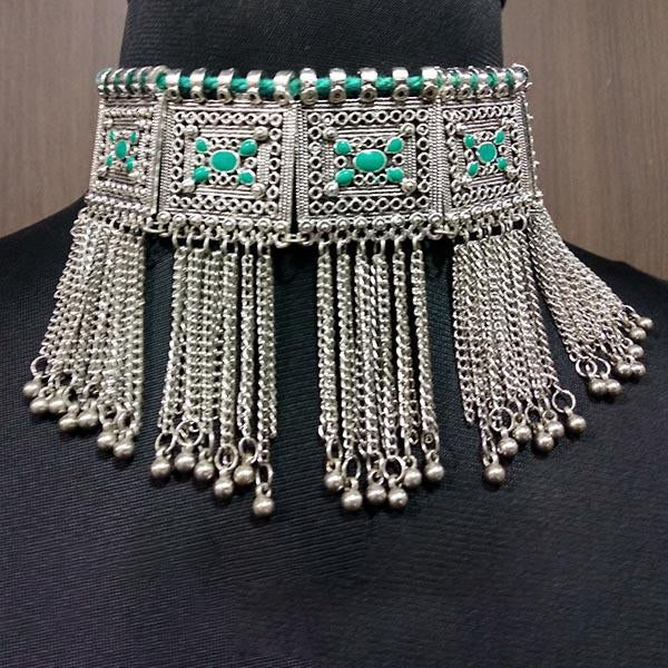 Jeweljunk Green Meenakari Rhodium Plated Statement Necklace - 1112401A