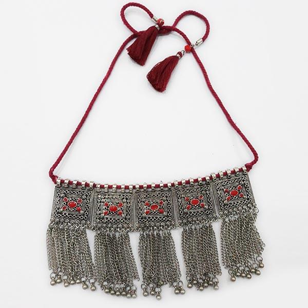Jeweljunk Maroon Meenakari Rhodium Plated Statement Necklace - 1112401C