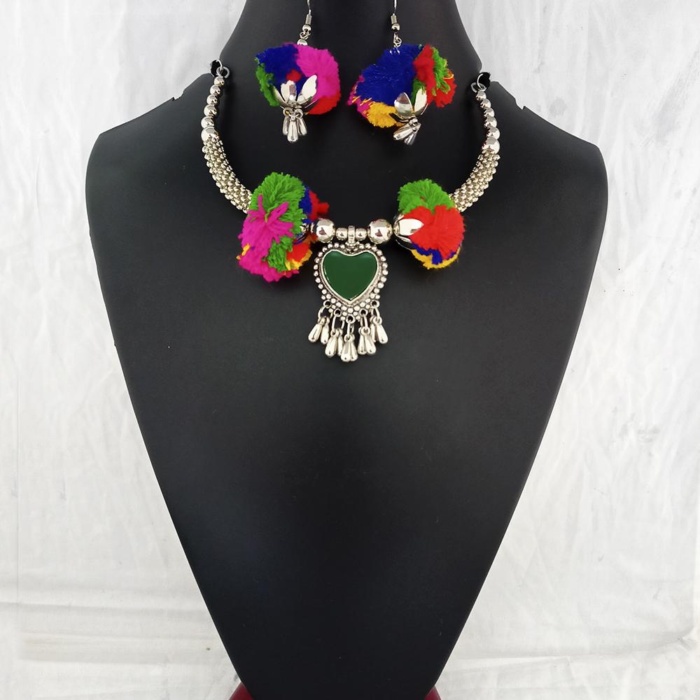 Jeweljunk Oxidised Plated Multicolor Pom Pom Necklace Set - 1112802A