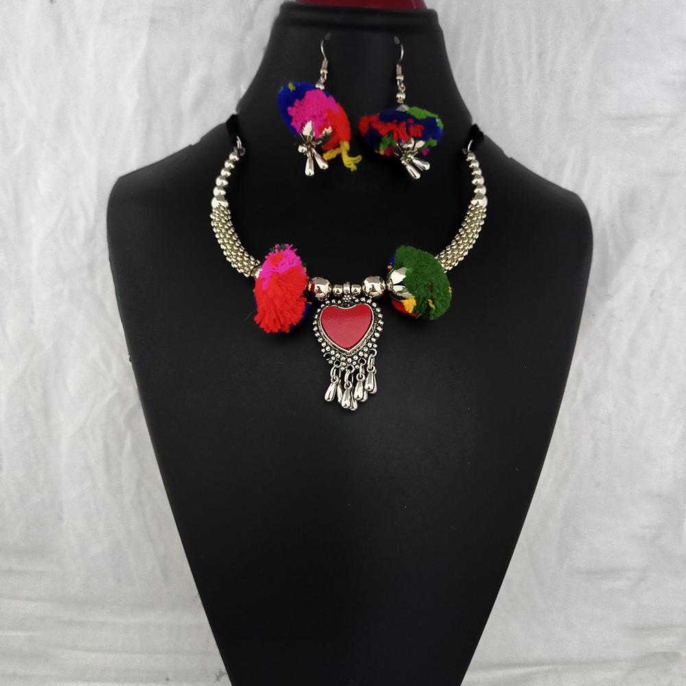 Jeweljunk Oxidised Plated Multicolor Pom Pom Necklace Set - 1112802B