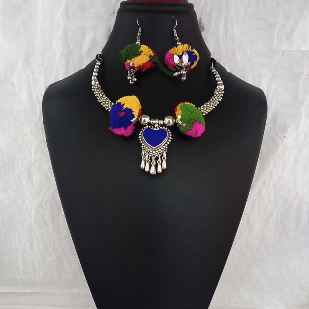 Jeweljunk Oxidised Plated Multicolor Pom Pom Necklace Set - 1112802C