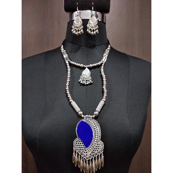 Jeweljunk Blue Beads Rhodium Plated Navratri Necklace Set - 1112877B