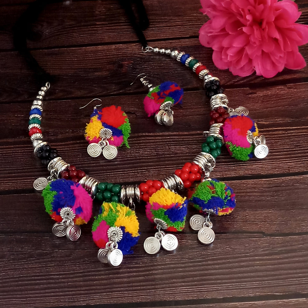 Jeweljunk Oxidised Plated Multicolor Pom Pom Necklace Set