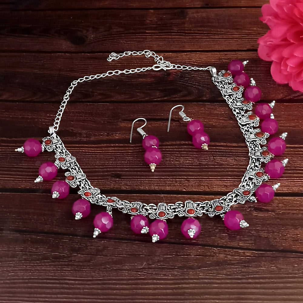 Jeweljunk Oxidised Plated Pink color Necklace Set