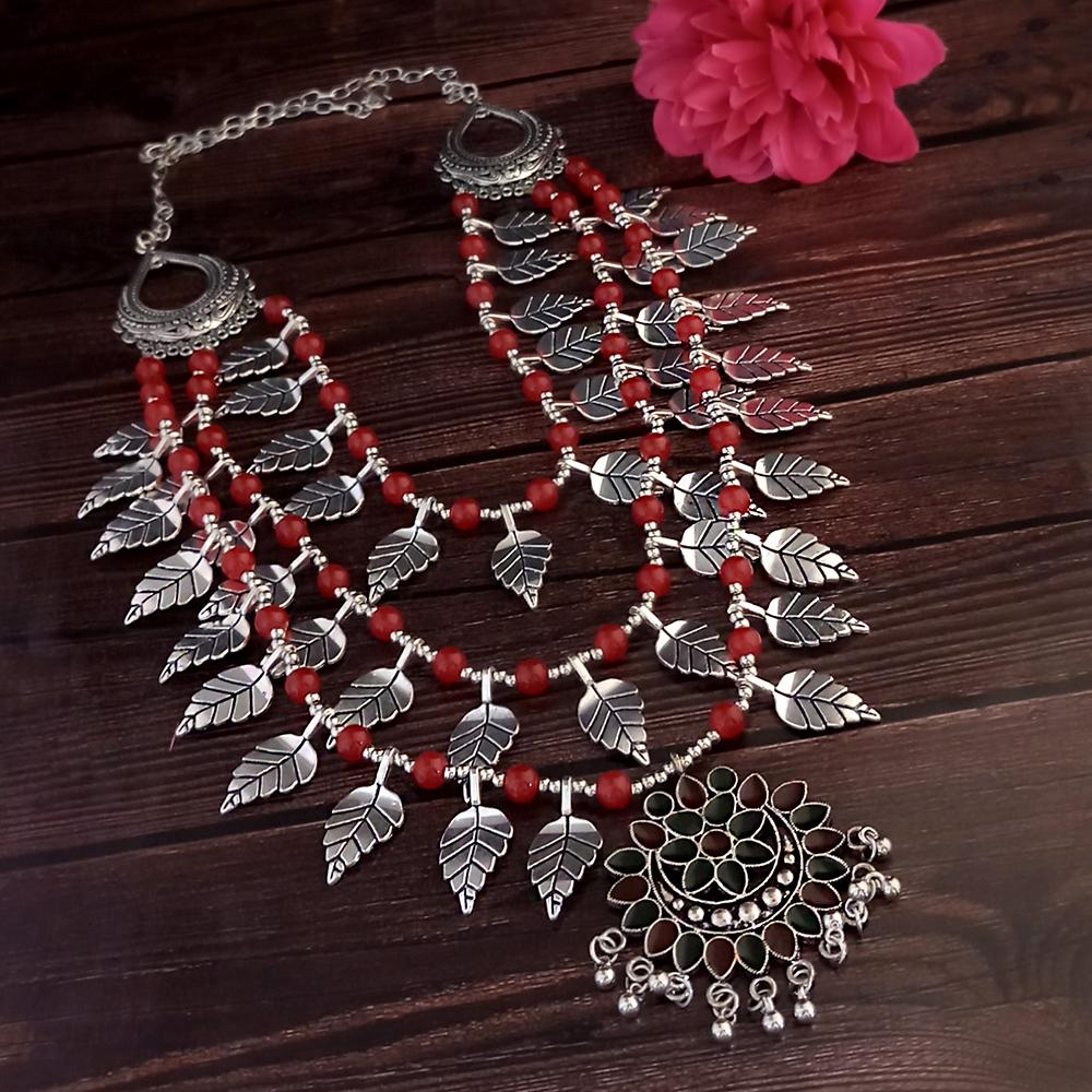 Jeweljunk Three Layer Oxidised Plated Red color Necklace - 1114558A